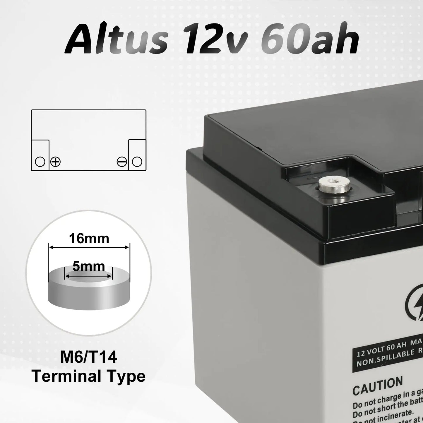 Technical Specification Image - an informative graphic of the Altus 12V 60ah AGM Battery. It highlights the M6/T14 terminal type with detailed visuals, including a close-up of the terminal and a schematic representation showing the layout of the positive and negative posts. Dimensions of the terminal are precisely labeled, indicating a diameter of 16mm and a height of 5mm. The battery itself is featured prominently, displaying its clean, maintenance-free design and safety warnings on its label.