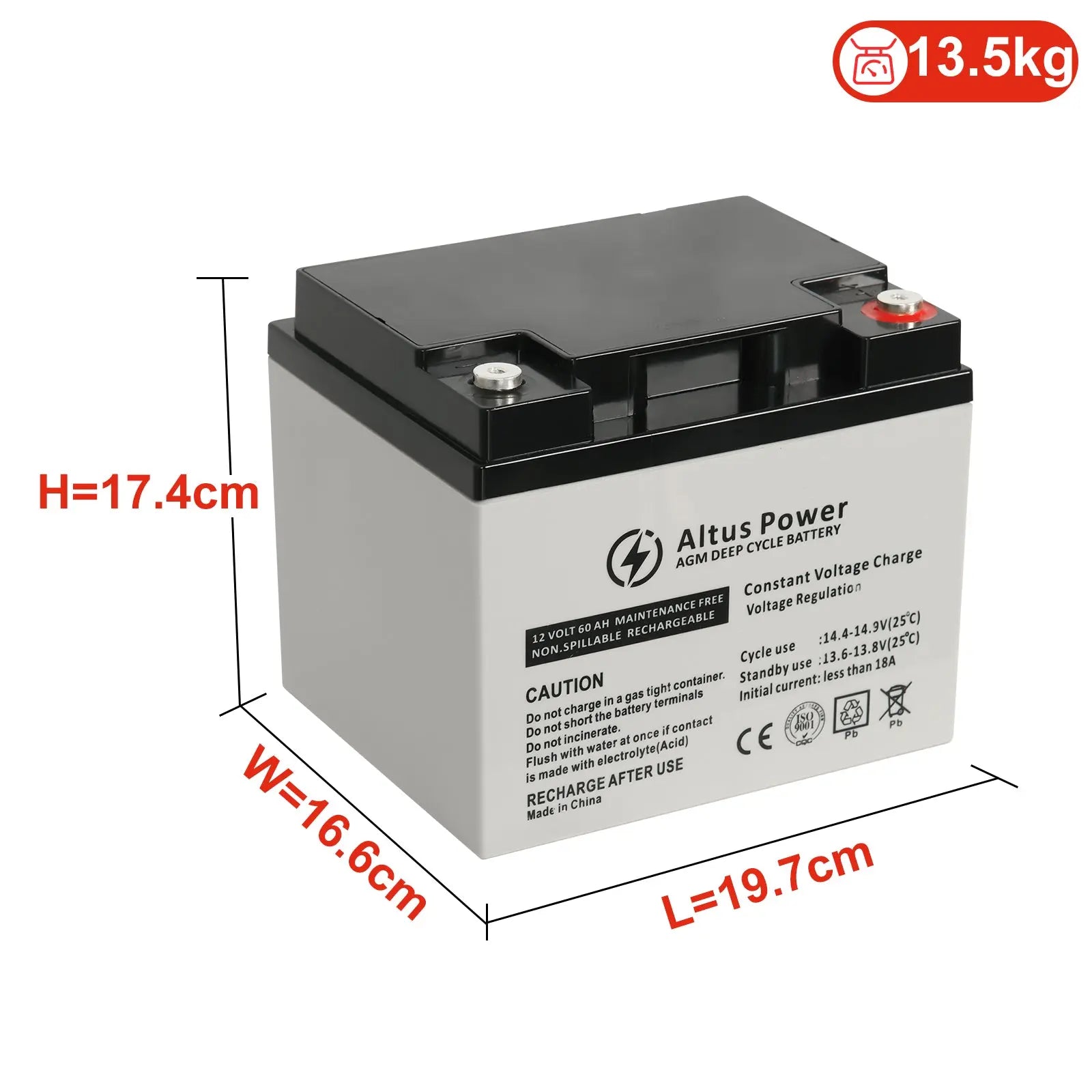 Dimensional Information Image - An image providing the dimensions and weight of the Altus 12V 60ah AGM Battery, with height, width, and length clearly labeled.