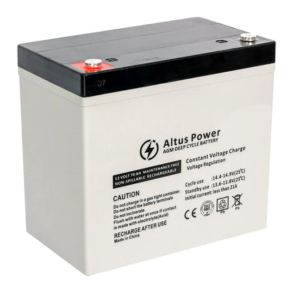 Basic Product Image - A plain image of the Altus 12V 70ah AGM Deep Cycle Battery highlighting its black and white casing and the branded labeling.