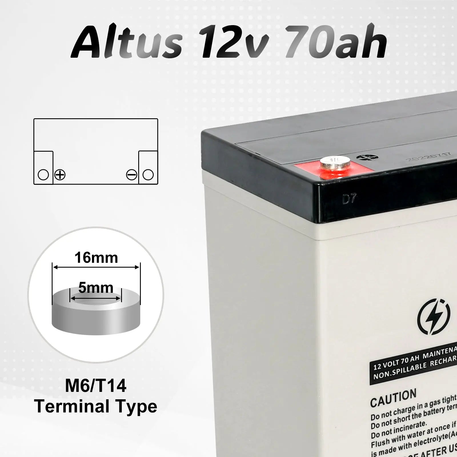 Technical Specification Image - an informative graphic of the Altus 12V 70ah AGM Battery. It highlights the M6/T14 terminal type with detailed visuals, including a close-up of the terminal and a schematic representation showing the layout of the positive and negative posts. Dimensions of the terminal are precisely labeled, indicating a diameter of 16mm and a height of 5mm. The battery itself is featured prominently, displaying its clean, maintenance-free design and safety warnings on its label.