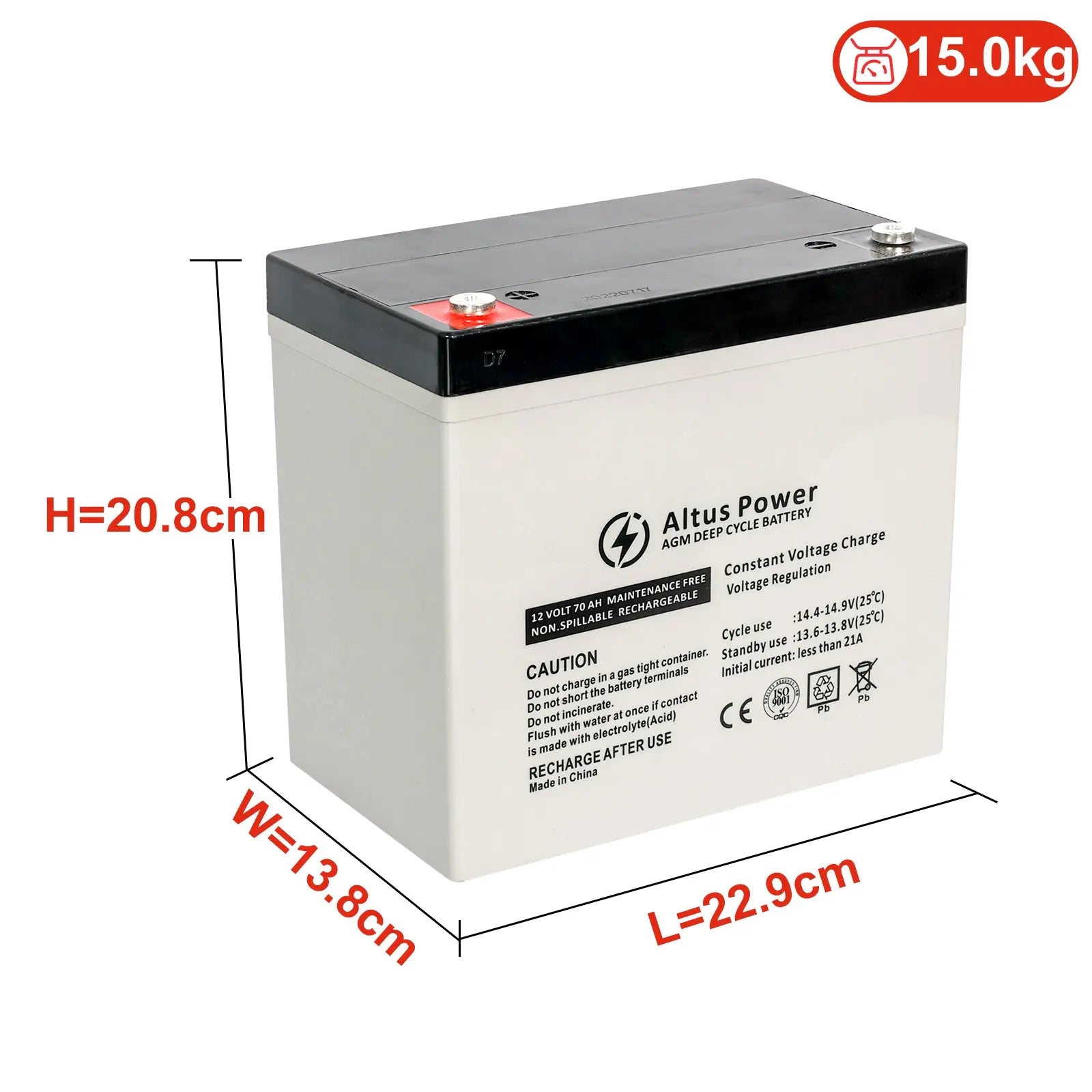 Dimensional Information Image - An image providing the dimensions and weight of the Altus 12V 70ah AGM Battery, with height, width, and length clearly labeled.