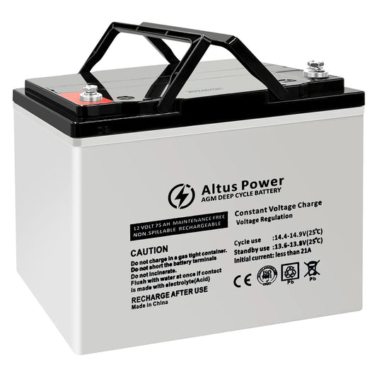 Basic Product Image - A plain image of the Altus 12V 75ah AGM Deep Cycle Battery highlighting its black and white casing and the branded labeling.