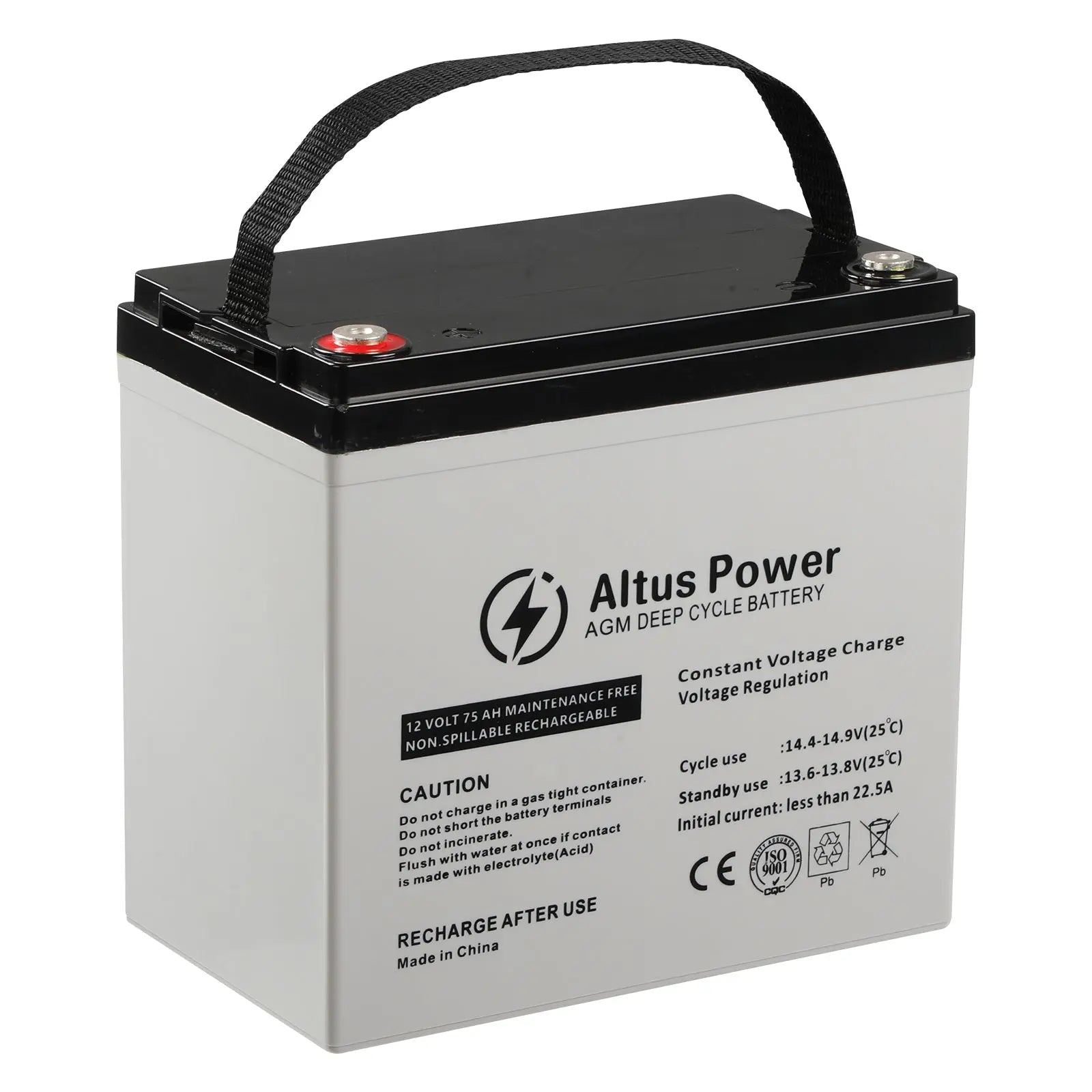 Basic Product Image - A plain image of the Altus 12V 75ah AGM Deep Cycle Battery highlighting its black and white casing and the branded labeling.