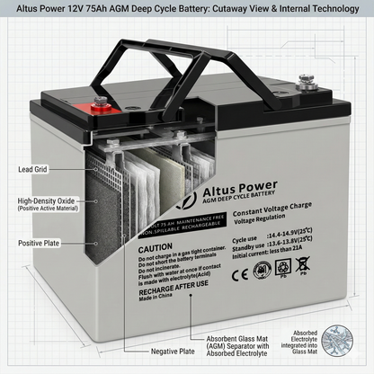 Altus Power 12V 75Ah AGM Deep Cycle Battery with cutaway view and internal technology details.