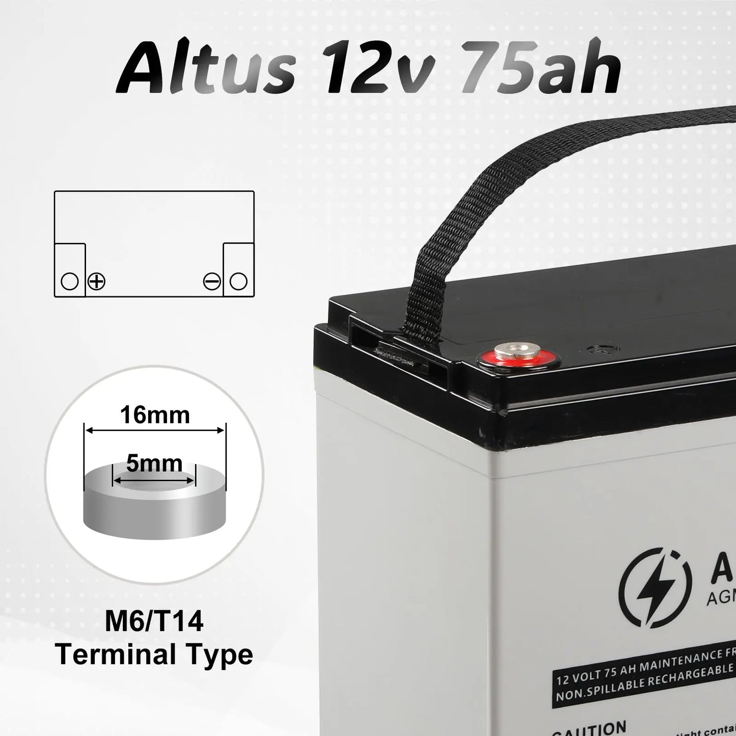 Technical Specification Image - an informative graphic of the Altus 12V 75ah AGM Battery. It highlights the M6/T14 terminal type with detailed visuals, including a close-up of the terminal and a schematic representation showing the layout of the positive and negative posts. Dimensions of the terminal are precisely labeled, indicating a diameter of 16mm and a height of 5mm. The battery itself is featured prominently, displaying its clean, maintenance-free design and safety warnings on its label.