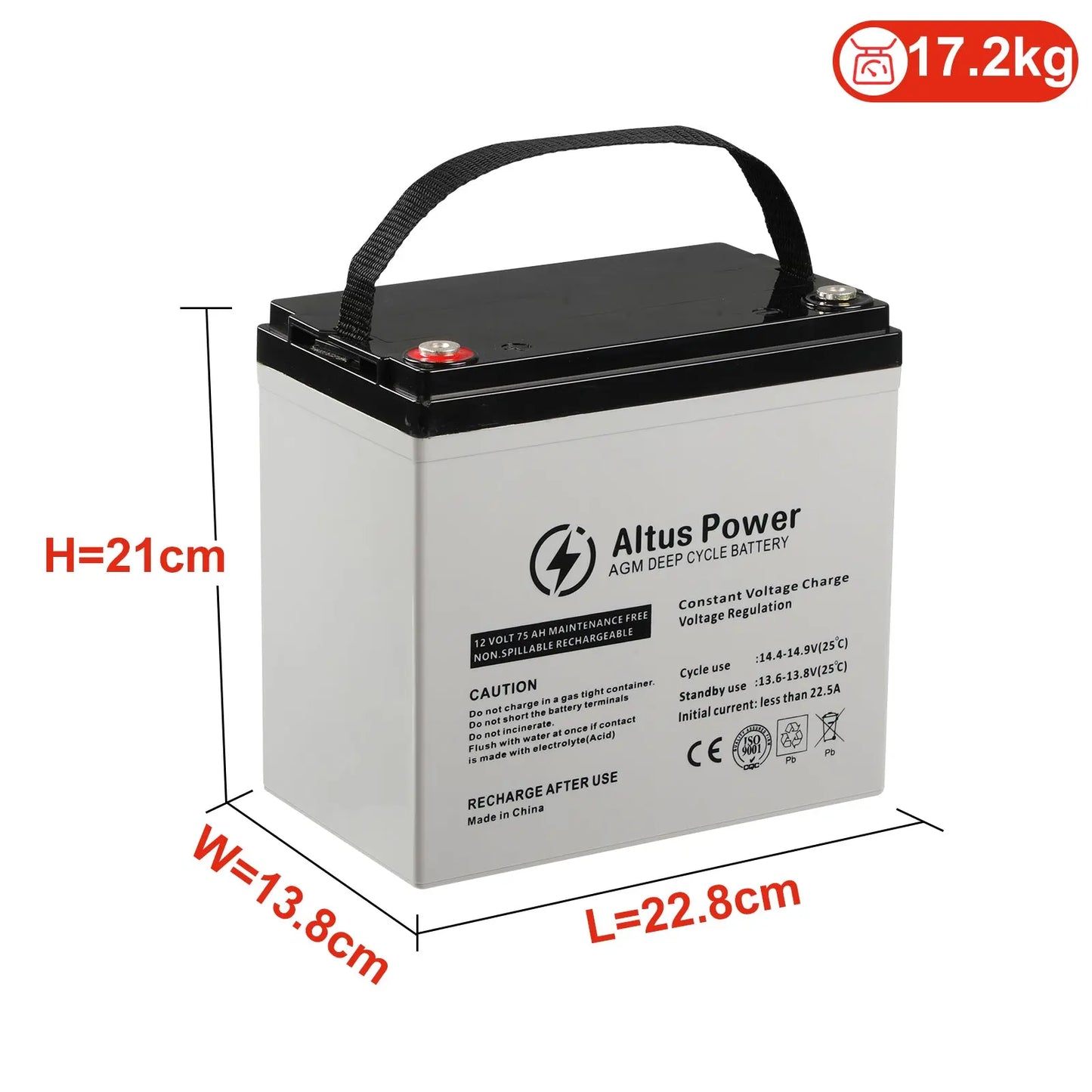 Dimensional Information Image - An image providing the dimensions and weight of the Altus 12V 75ah AGM Battery, with height, width, and length clearly labeled.