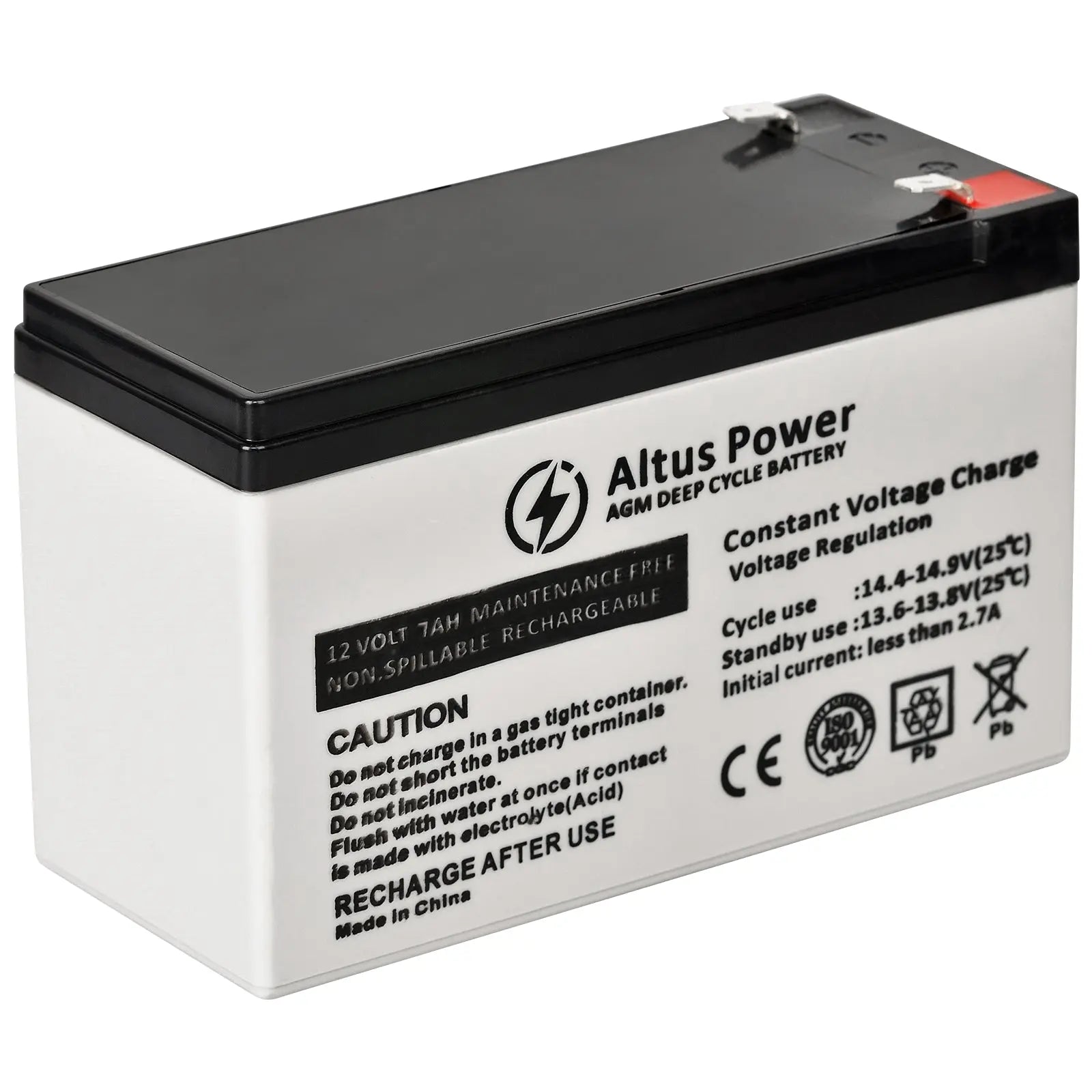 Side view of the Altus 12V 7Ah AGM battery showcasing the battery's terminals and labels.