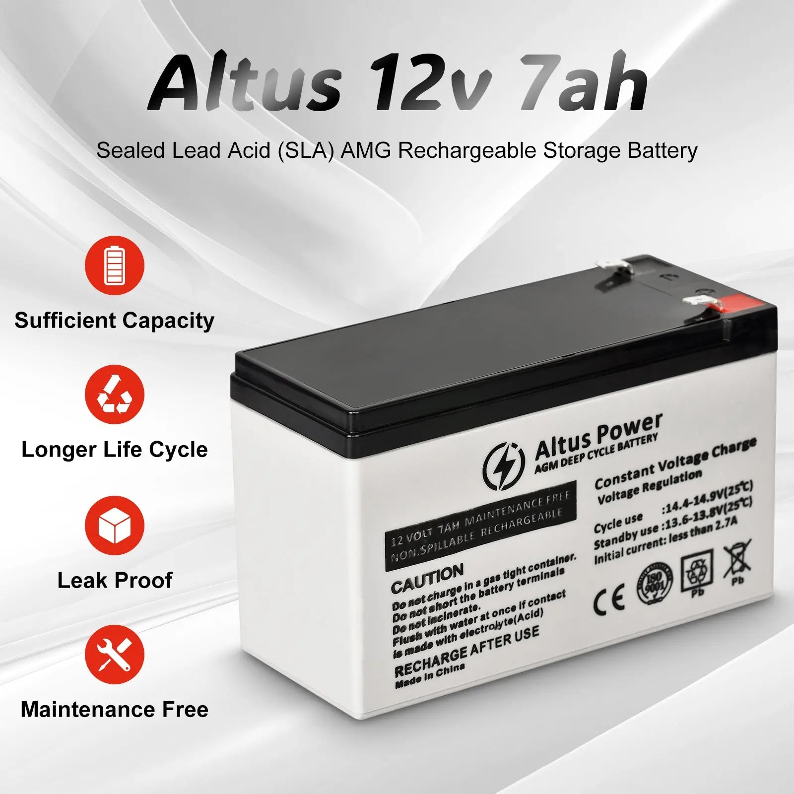 A promotional infographic displaying the key features of the Altus 12V 7Ah AGM battery, such as its sufficient capacity, longer life cycle, and leak-proof design.