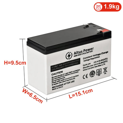 A detailed front view of an Altus 12V 7Ah AGM battery highlighting its dimensions and weight, including labels for height, width, and length.