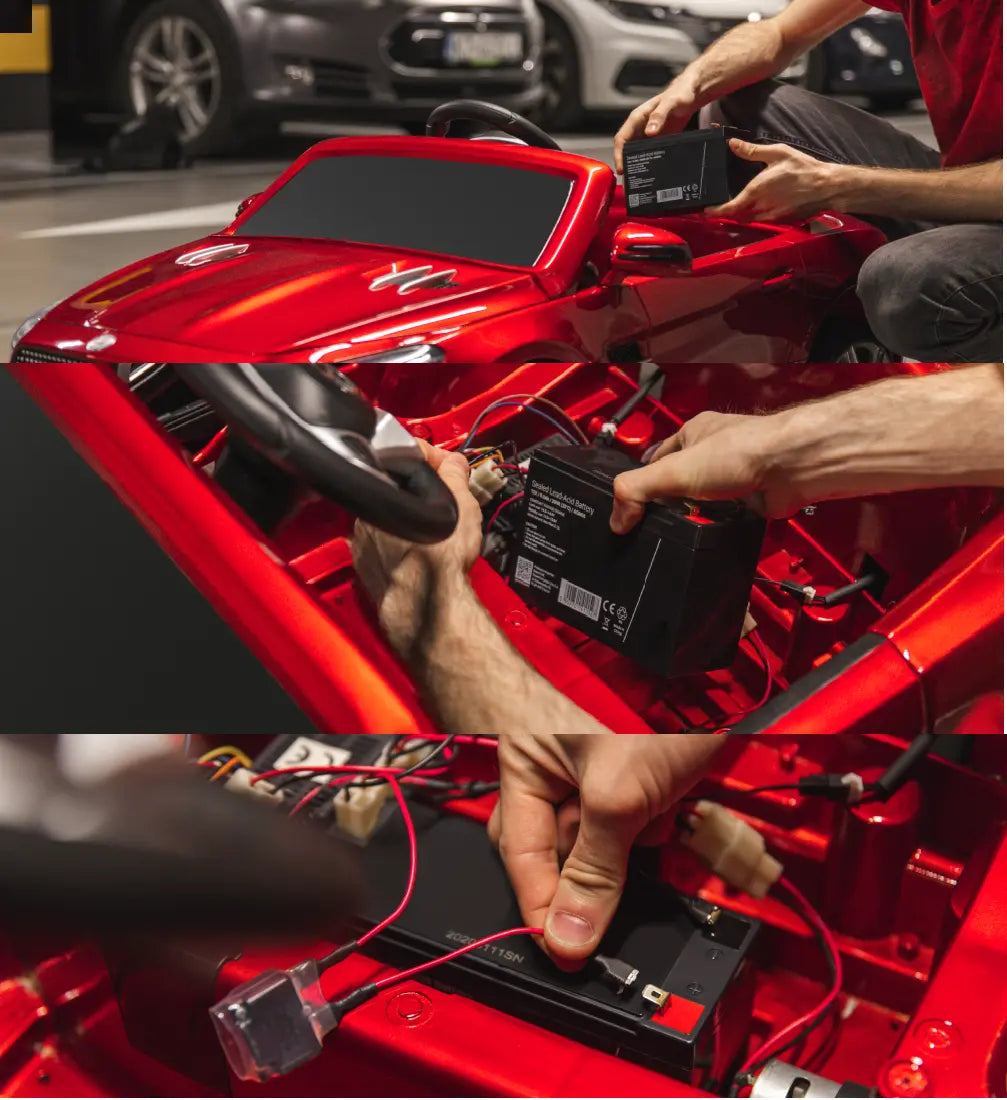 A sequence of images showing the installation of the Altus 12V 7Ah AGM battery in a toy car, including connecting the battery to the vehicle's electrical system.