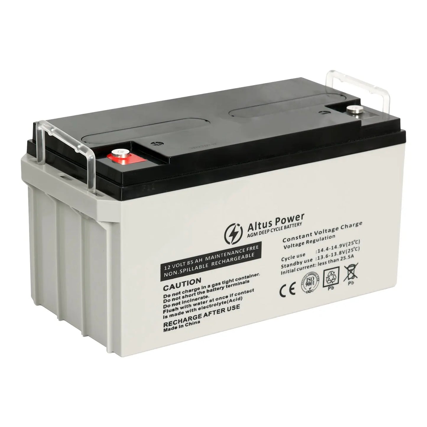 Basic Product Image - A plain image of the Altus 12V 85ah AGM Deep Cycle Battery highlighting its black and white casing and the branded labeling.