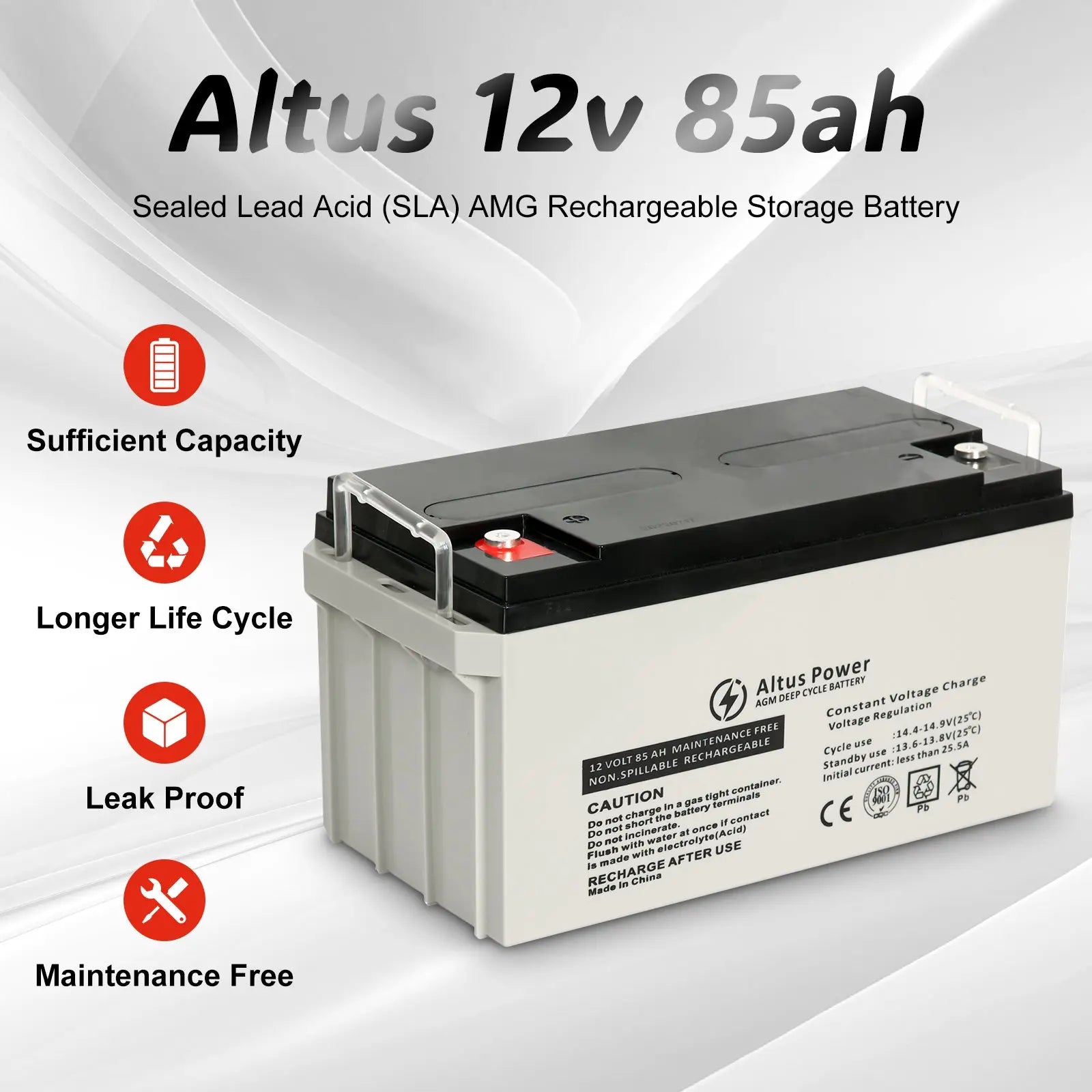 Marketing Design - An enhanced marketing image of the Altus 12V 85ah AGM Battery emphasizing key features like sufficient capacity, longer life cycle, leak proof, and maintenance free.