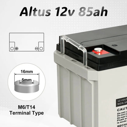 Technical Specification Image - an informative graphic of the Altus 12V 85ah AGM Battery. It highlights the M6/T14 terminal type with detailed visuals, including a close-up of the terminal and a schematic representation showing the layout of the positive and negative posts. Dimensions of the terminal are precisely labeled, indicating a diameter of 16mm and a height of 5mm. The battery itself is featured prominently, displaying its clean, maintenance-free design and safety warnings on its label.