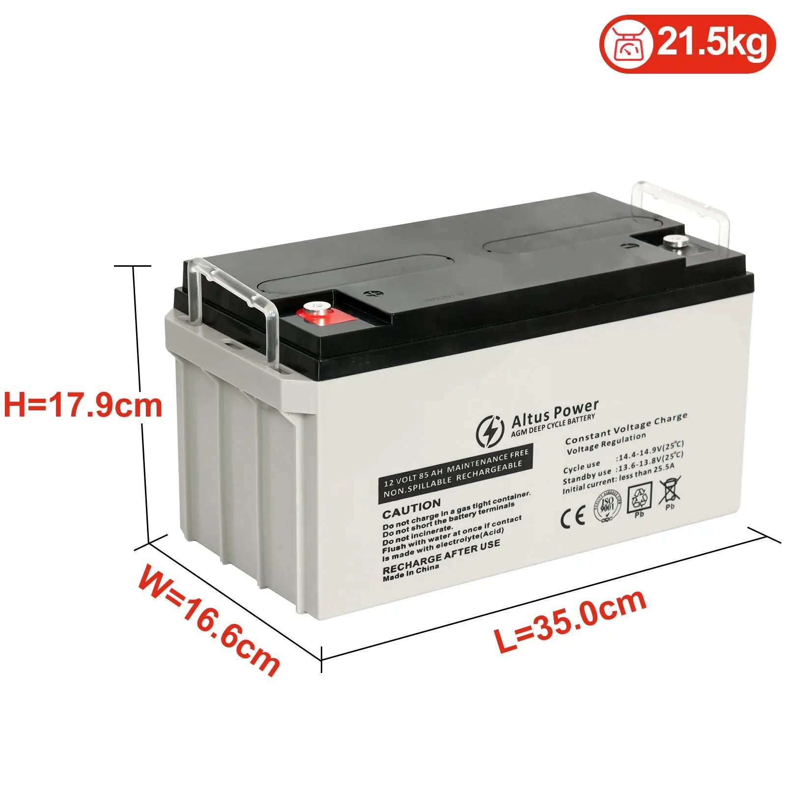 Dimensional Information Image - An image providing the dimensions and weight of the Altus 12V 85ah AGM Battery, with height, width, and length clearly labeled.