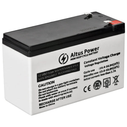 Side view of the Altus 12V 9Ah AGM battery showcasing the battery's terminals and labels.