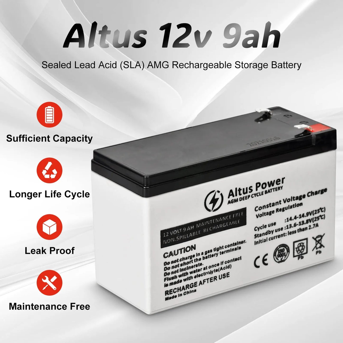 A promotional infographic displaying the key features of the Altus 12V 9Ah AGM battery, such as its sufficient capacity, longer life cycle, and leak-proof design.