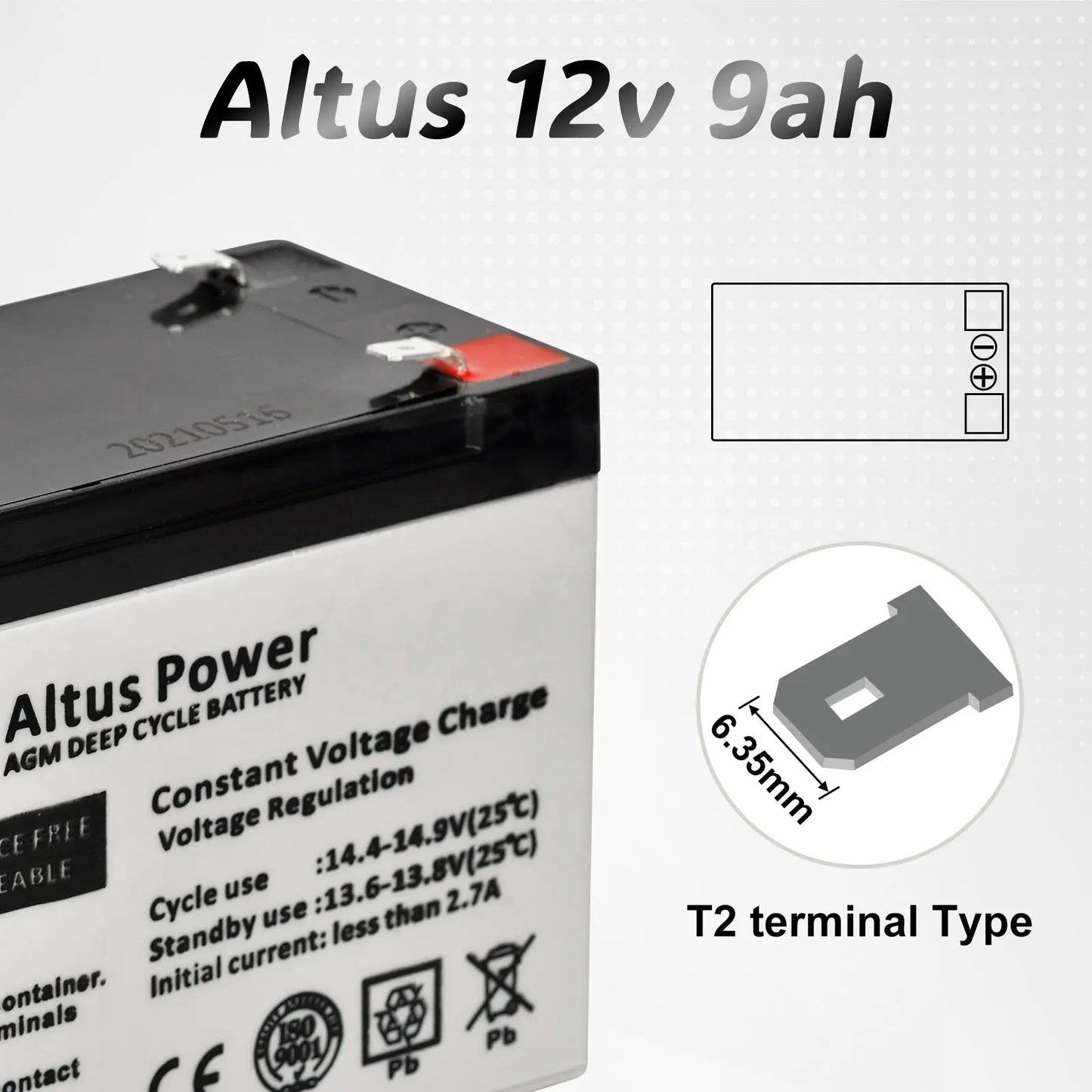 Close-up view of the Altus 12V 9Ah AGM battery's terminal type, indicating a T2 terminal design with measurements.