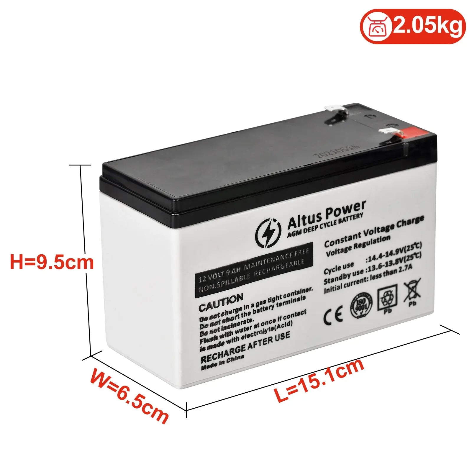 A detailed front view of an Altus 12V 9Ah AGM battery highlighting its dimensions and weight, including labels for height, width, and length.