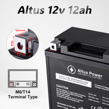 Focusing on the terminal of the Altus 12v 12ah battery, it's of M6/T14 type, with detailed dimensions provided for easy installation.