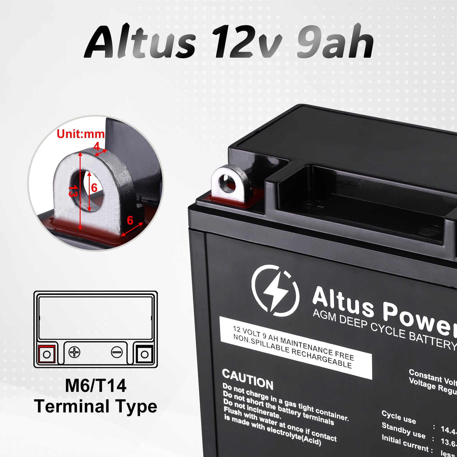 Focusing on the terminal of the Altus 12v 9ah battery, it's of M6/T14 type, with detailed dimensions provided for easy installation.