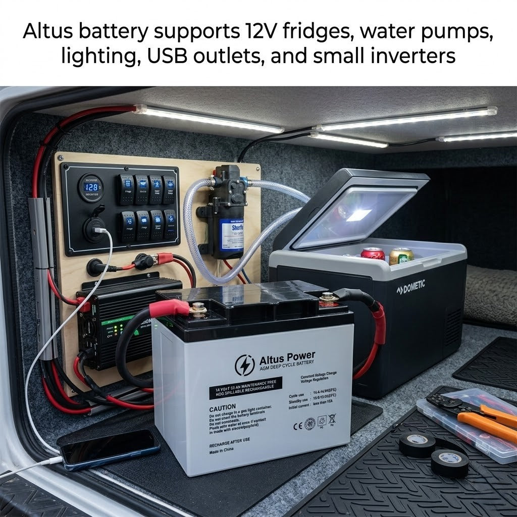 Altus battery setup with 12V fridge, water pump, and lighting in a vehicle interior.