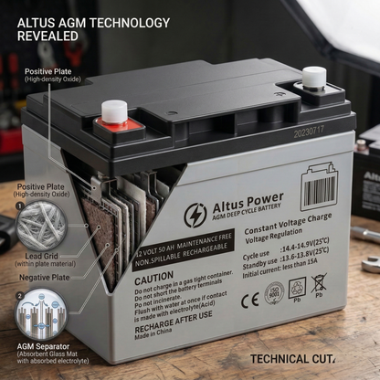 Altus AGM technology battery with technical details on a wooden surface