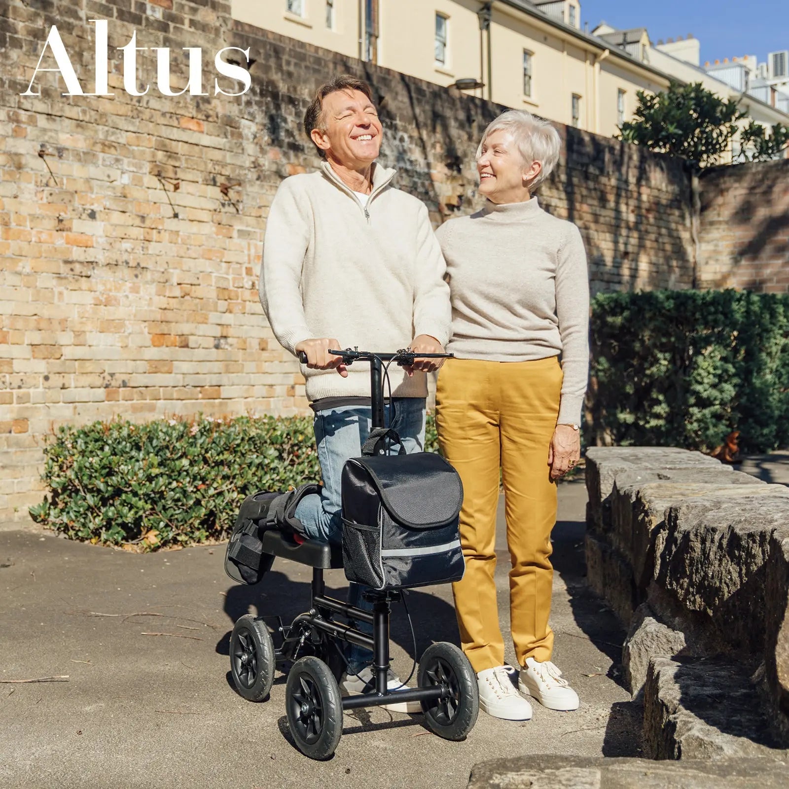 An elderly couple is seen using the knee walker in a park setting. The image highlights the knee walker’s role in supporting mobility and independence for users, demonstrating its effectiveness in real-life situations.