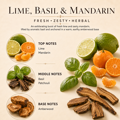 A product information graphic for a lime, basil, and mandarin fragrance. The beige background features the text 'LIME, BASIL & MANDARIN' and 'FRESH • ZESTY • HERBAL' at the top.