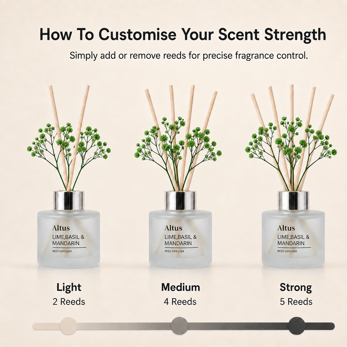 Instruction graphic showing three Altus Lime Basil & Mandarin reed diffusers with reed sticks and green sprigs, labeled Light, Medium, and Strong with a reed count scale at the bottom.