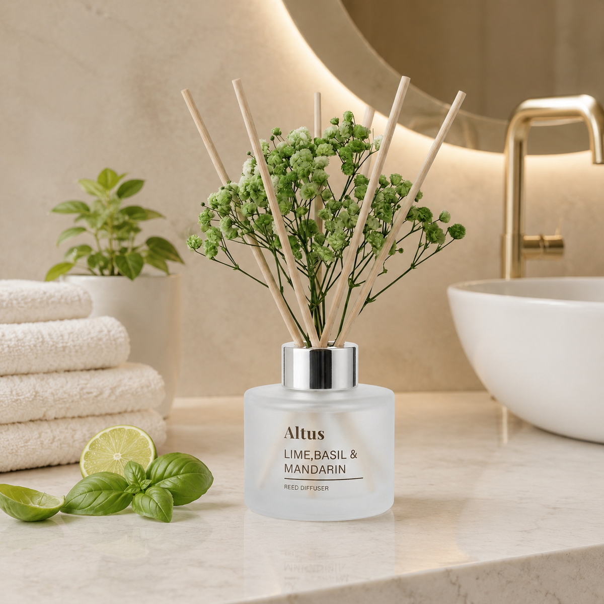 Altus reed diffuser bottle with green baby's breath and natural reed sticks, set on a bathroom counter with a sink, folded towels, basil, and lime slices.