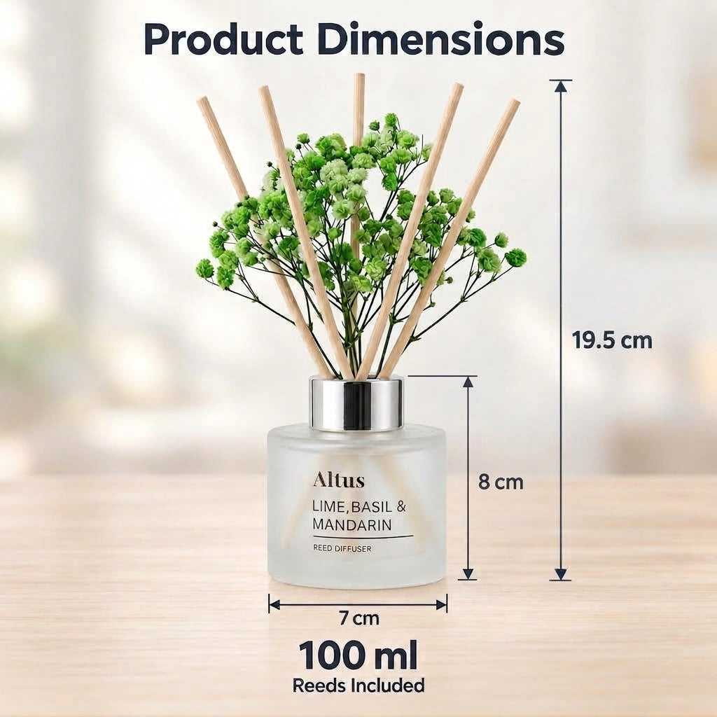 Altus Lime, Basil & Mandarin reed diffuser bottle with wooden reeds and green baby's breath flowers, shown with dimension labels for height, width, and 100 ml capacity on a soft blurred background.