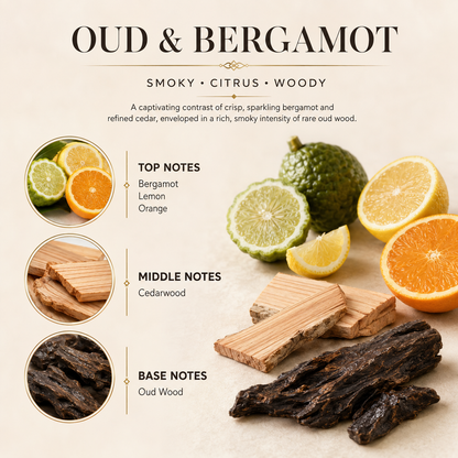 A styled product graphic for an Oud & Bergamot fragrance note board. The beige background features the title 'OUD & BERGAMOT' at the top, followed by scent descriptors 'SMOKY • CITRUS • WOODY' and a paragraph describing the fragrance profile.