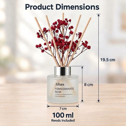 Altus Pomegranate Noir reed diffuser bottle with wooden reeds and red dried flowers, shown with dimension labels for height, width, and 100 ml capacity on a blurred indoor background.