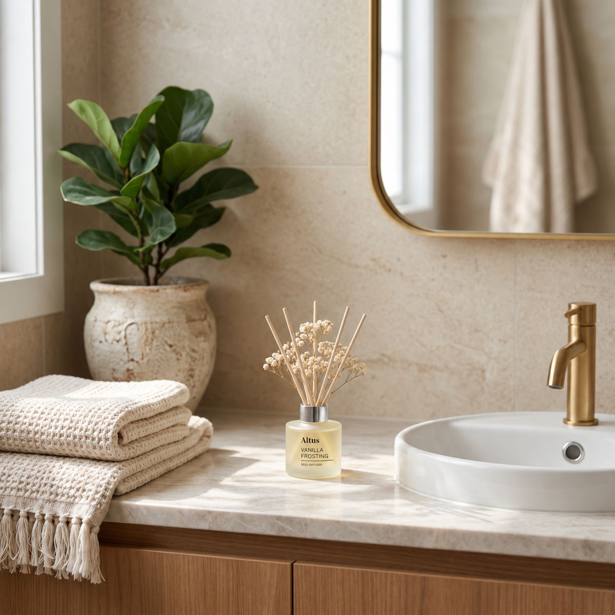 A reed diffuser bottle with dried reeds sits on a marble bathroom counter beside a white sink, gold faucet, folded cream towels, and a potted green plant.