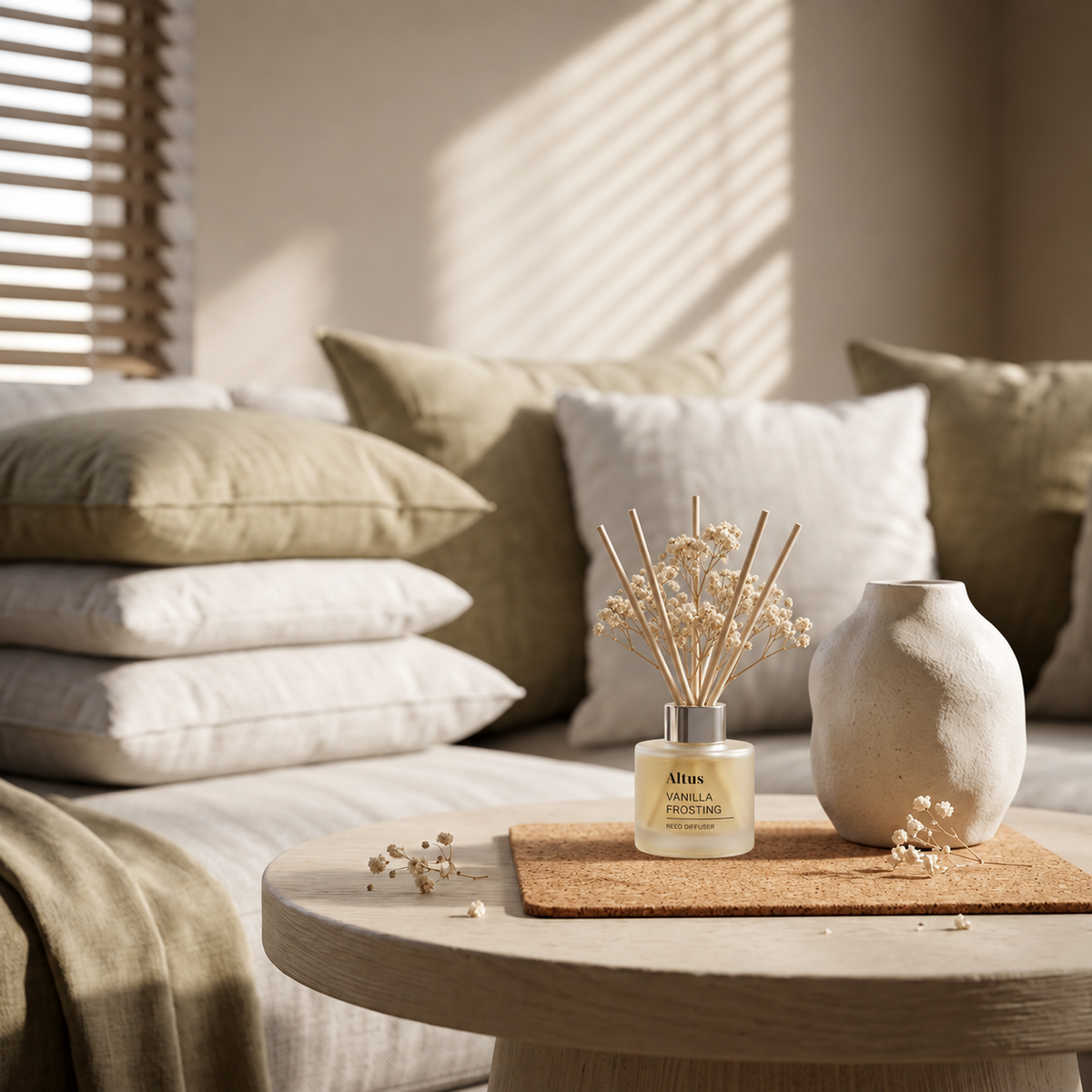 A reed diffuser bottle with dried flowers and wooden reeds sits on a round wooden table in a softly lit living room. The scene includes stacked pillows, a textured vase, and warm natural light casting diagonal shadows across the sofa.