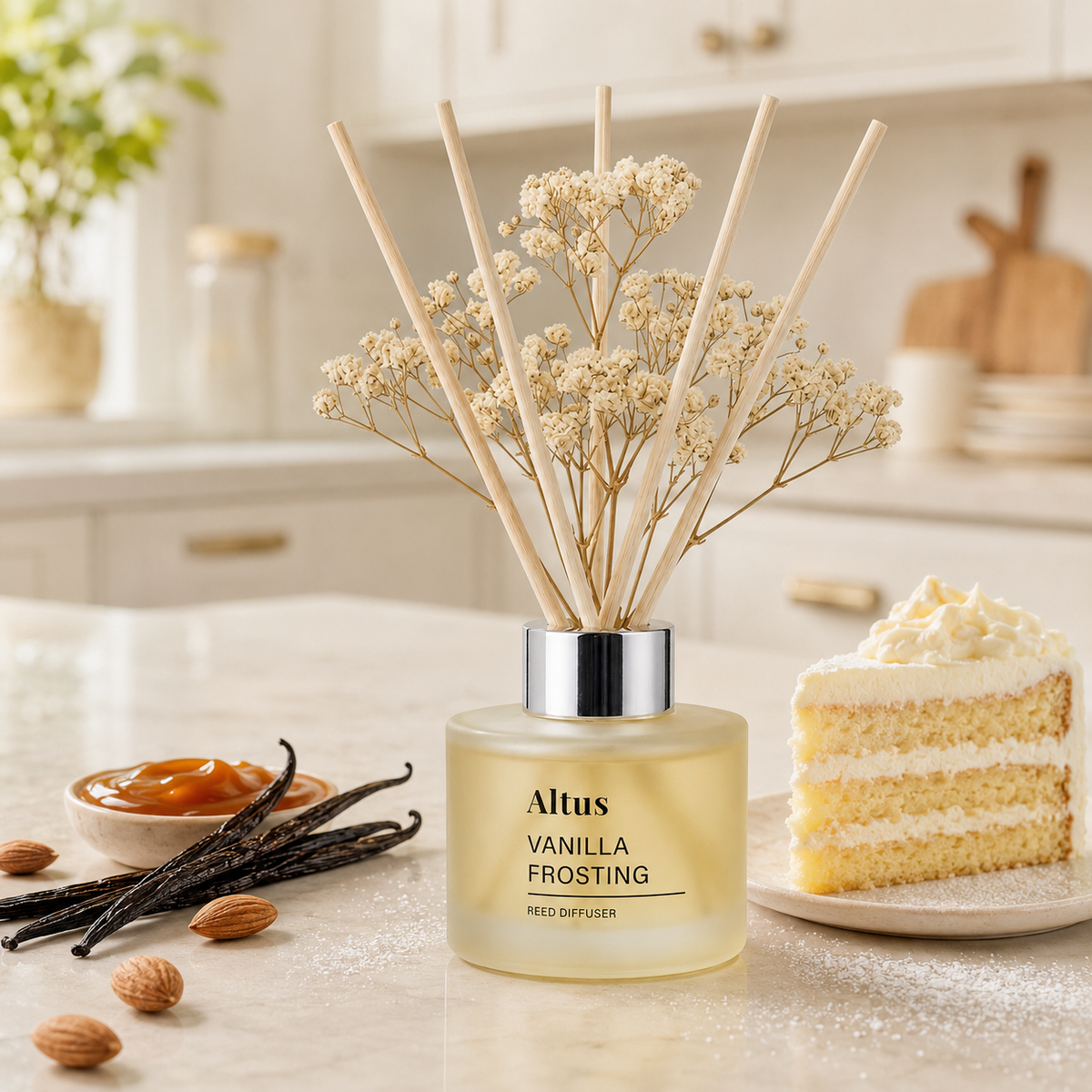 Altus Vanilla Frosting reed diffuser bottle with dried cream flowers and wooden reeds, styled on a kitchen counter with vanilla beans, almonds, and a slice of vanilla cake.