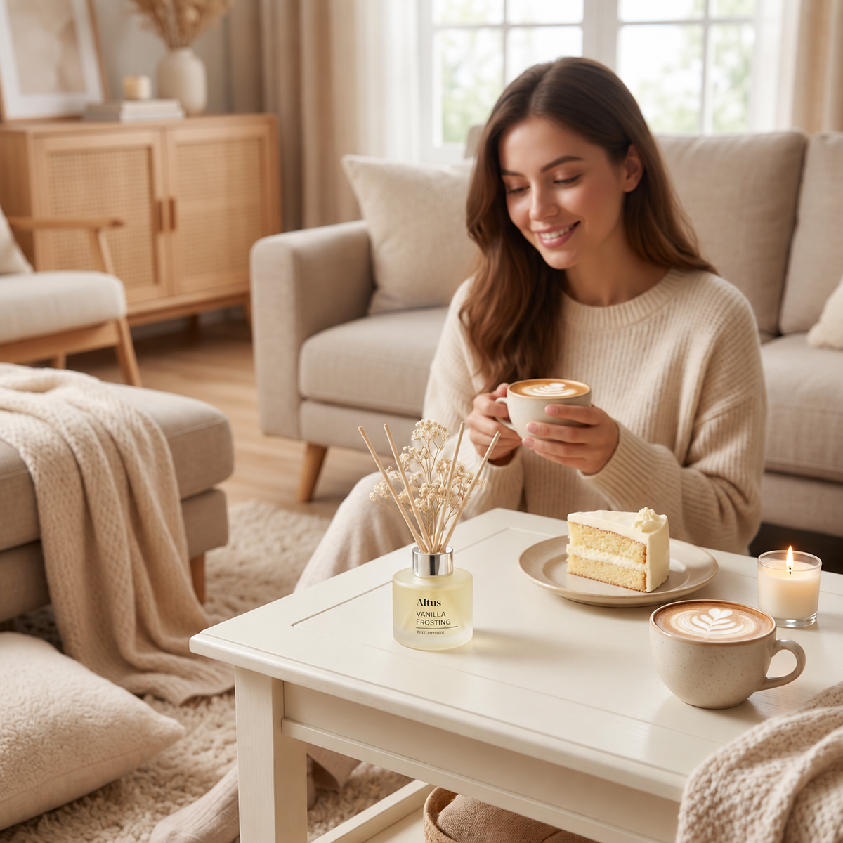 A woman in a cozy living room setting, wearing a beige knit sweater and holding a cup of coffee. In the foreground, a reed diffuser bottle labeled 'Maison Margiela' sits on a white coffee table next to a slice of cake and a lit candle.