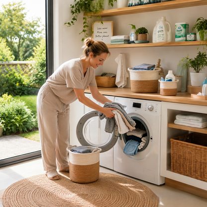 A woman in beige loungewear loads laundry into a white front-loading washing machine in a bright, modern laundry room with wooden shelves, plants, and baskets.