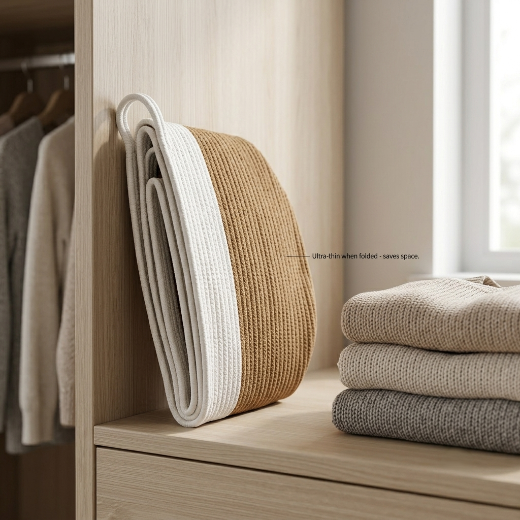 A folded woven storage basket with a natural tan body and a white loop handle, leaning against a light wood closet shelf next to folded knit sweaters. A small text callout reads 'Ultra-thick when folded - saves space.