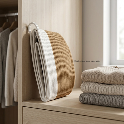 A folded woven storage basket with a natural tan body and a white loop handle, leaning against a light wood closet shelf next to folded knit sweaters. A small text callout reads 'Ultra-thick when folded - saves space.