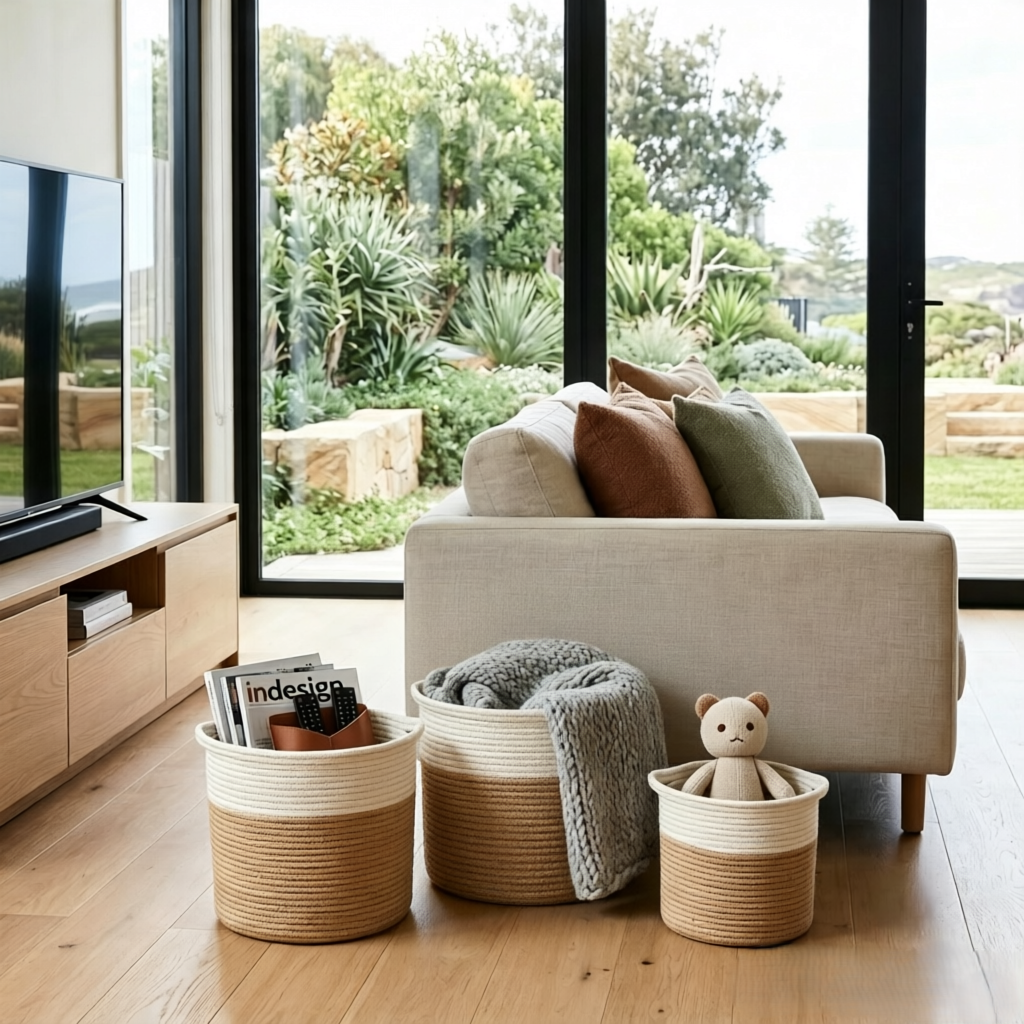 Three round woven storage baskets in a modern living room setting. Two baskets are filled with a gray knit blanket and magazines, while the third basket holds a small plush teddy bear.