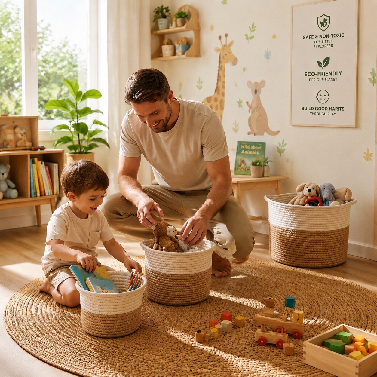 A father and child play with woven storage baskets filled with toys in a bright, eco-friendly children's room. The scene features a round jute rug, wooden shelves, and a framed poster on the wall.