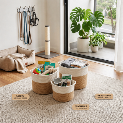 Three round woven pet toy baskets in different sizes filled with pet toys and blankets, arranged on a light rug in a bright room with a pet bed, leash rack, cat tree, and potted plants.