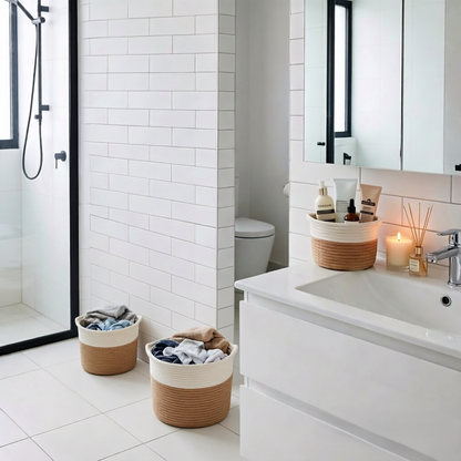 Two woven basket laundry hamper bins with white and tan stripes, filled with clothes, placed in a modern white tiled bathroom next to a sink and shower area.