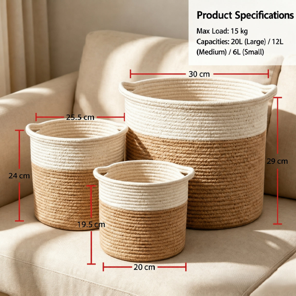 Three rope storage baskets in different sizes on a beige sofa, with red dimension lines and text showing product specifications including capacities and max load.