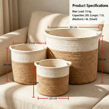 Three rope storage baskets in different sizes on a beige sofa, with red dimension lines and text showing product specifications including capacities and max load.