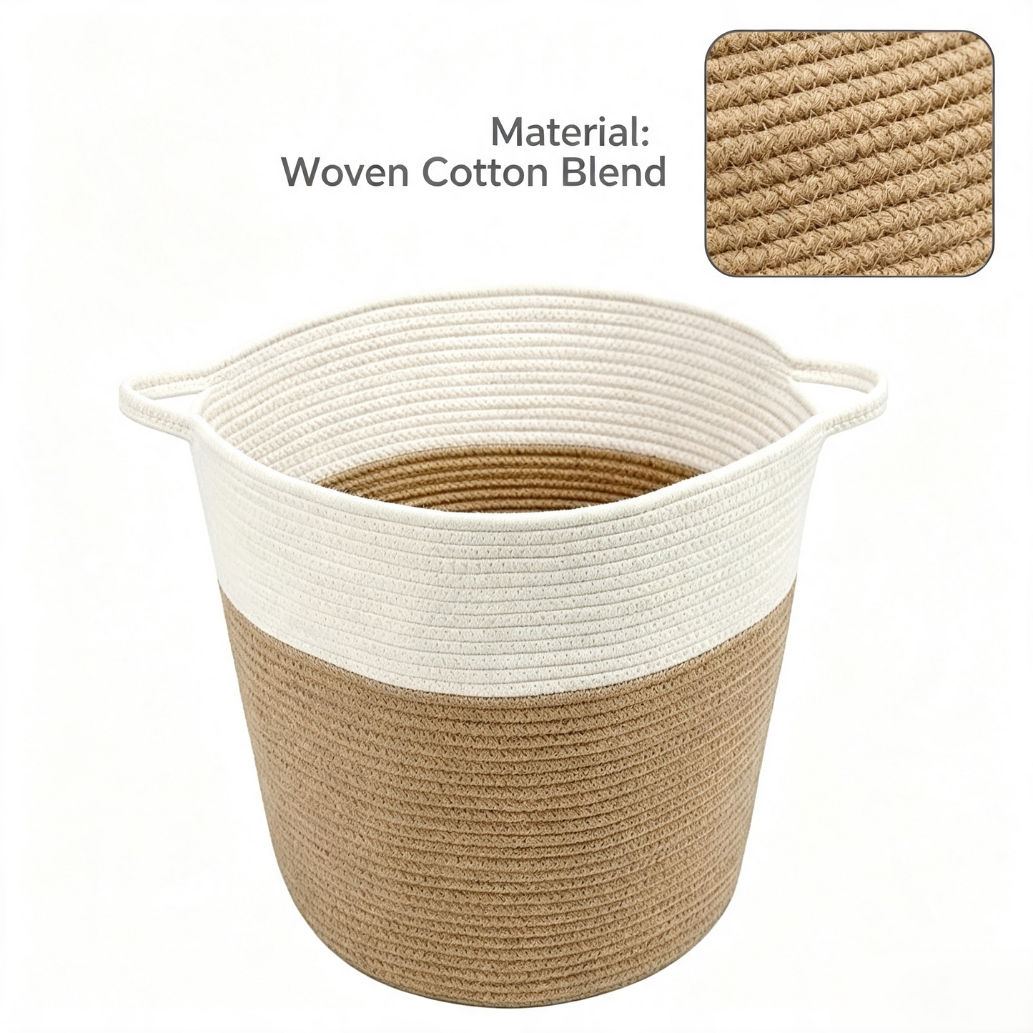 A woven cotton basket in a two-tone design with a cream white top half and a natural tan bottom half, featuring side handles. An inset image in the top right shows a close-up of the woven cotton texture, and text at the top left reads 'Material: Woven Cotton Blend'.