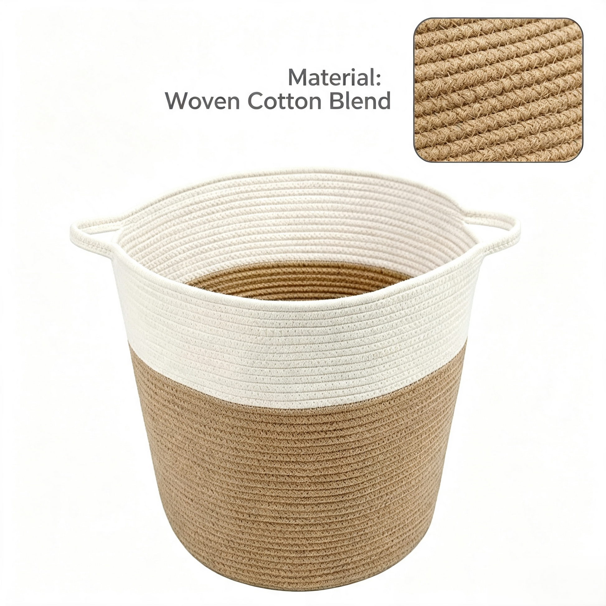 A woven cotton basket in a two-tone design with a cream white top half and a natural tan bottom half, featuring side handles. An inset image in the top right shows a close-up of the woven cotton texture, and text at the top left reads 'Material: Woven Cotton Blend'.
