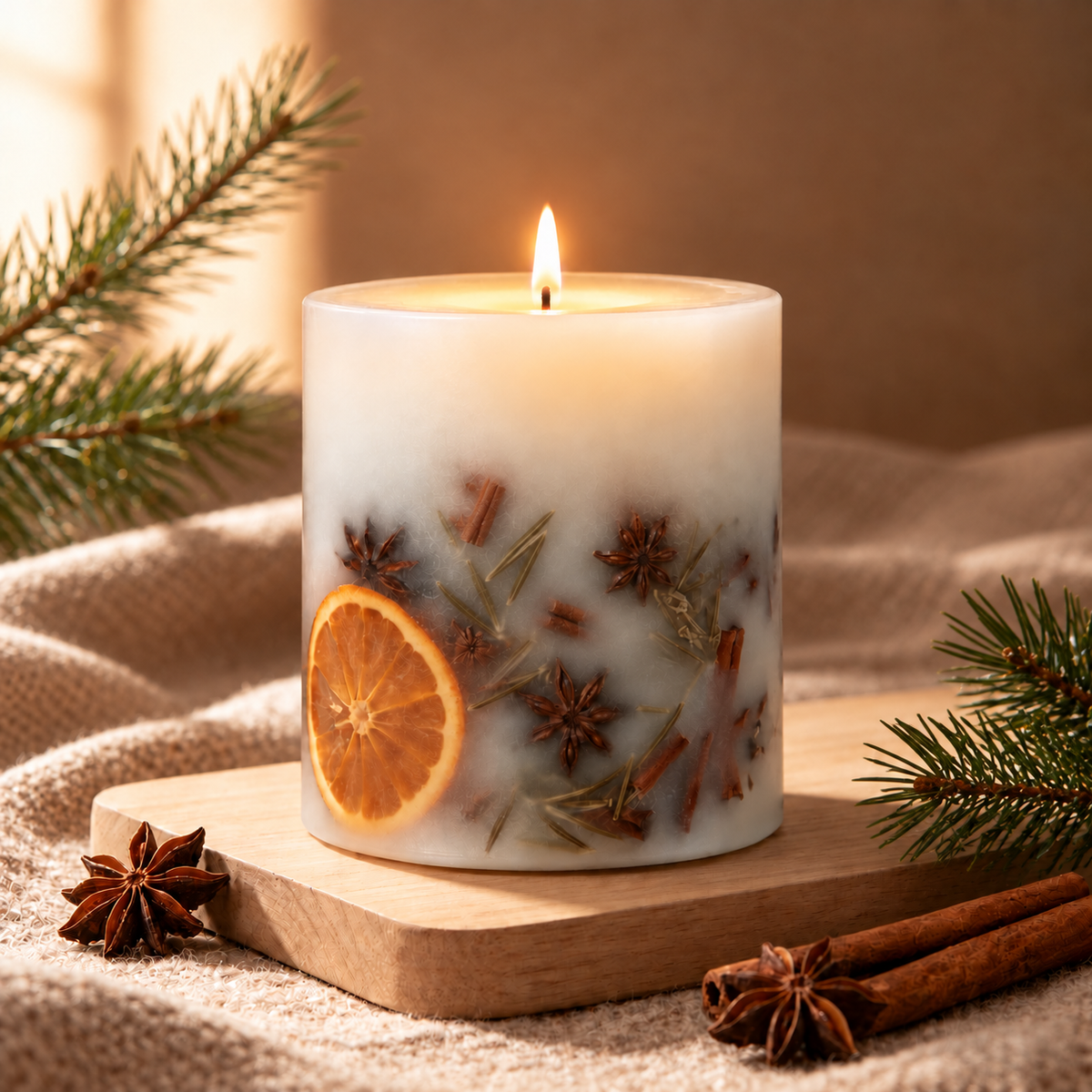 An artisanal botanical pillar candle embedded with natural dried orange slices, cinnamon sticks, and star anise, filling your space with a warm, cozy holiday fragrance.