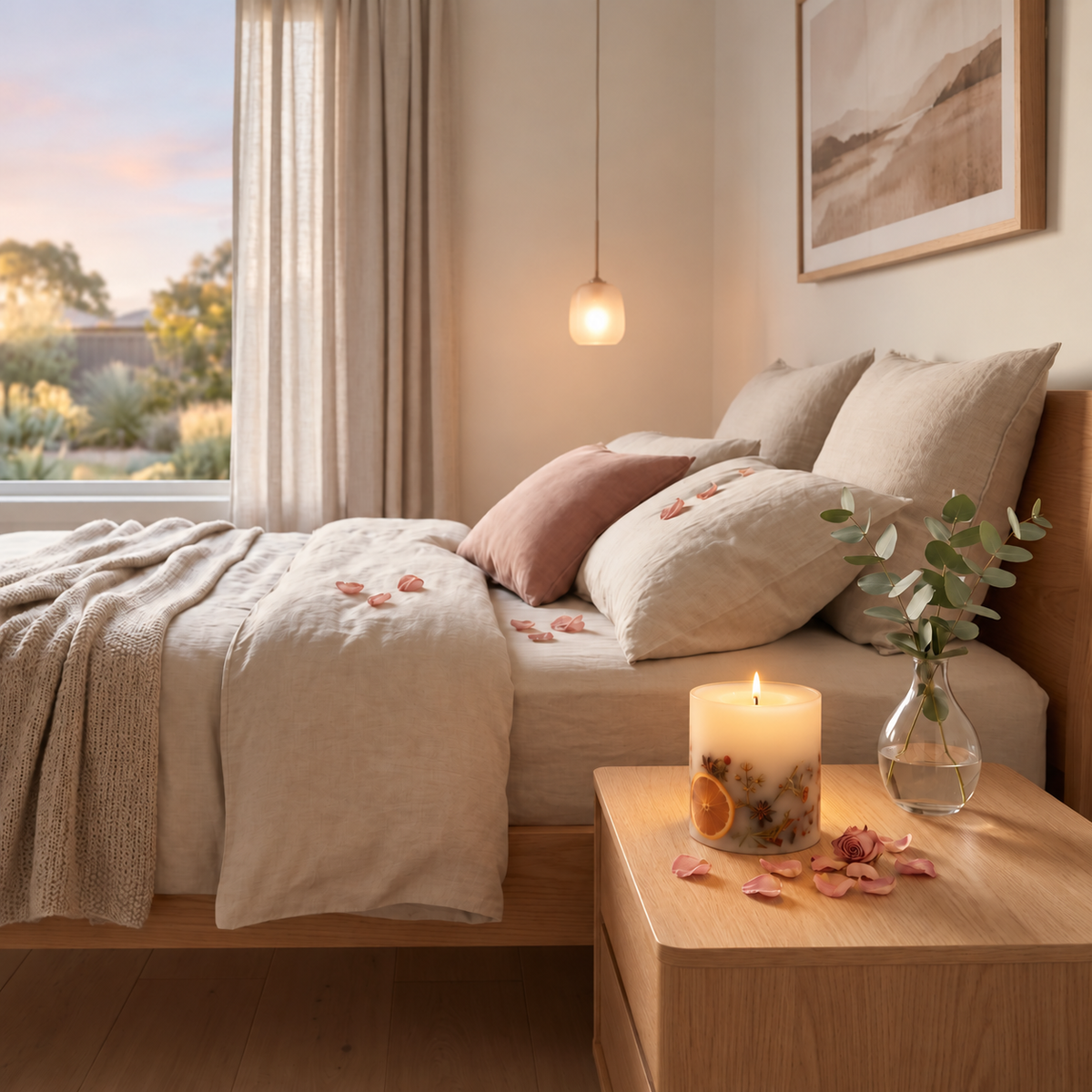 A cozy bedroom scene with a bed dressed in light beige linens and pink accent pillows, beside a wooden nightstand holding a lit candle and a small vase with greenery. A window with sheer curtains and a warm hanging lamp are visible in the background.
